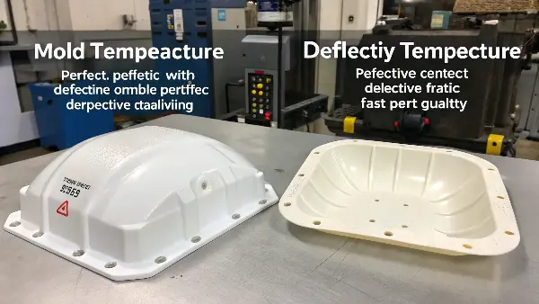A diagram showing how mold temperature affects plastic part quality, with examples of defects