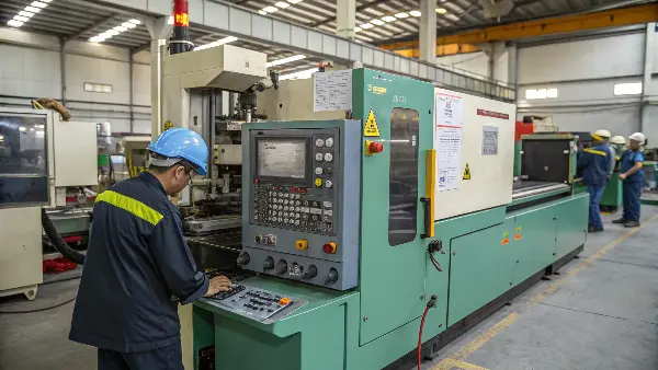 An operator inspecting a part from a plastic injection molding machine
