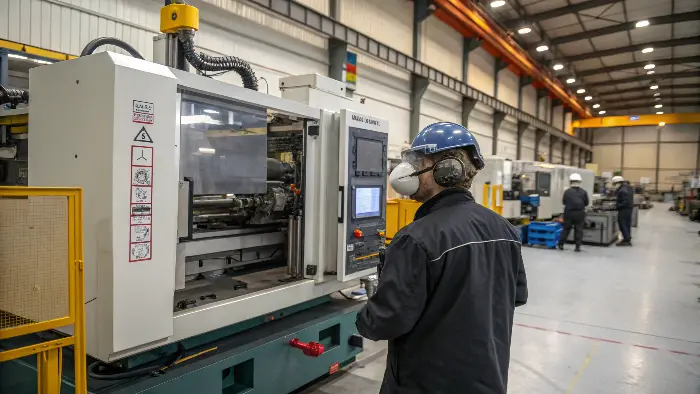 A large plastic injection molding machine in a clean factory setting.
