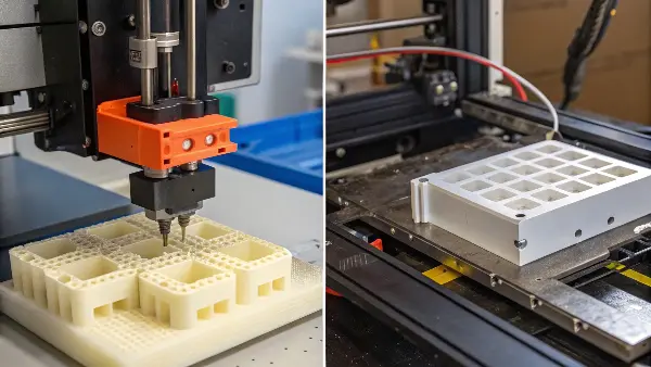 An illustration comparing the additive process of 3D printing to the formative process of injection molding