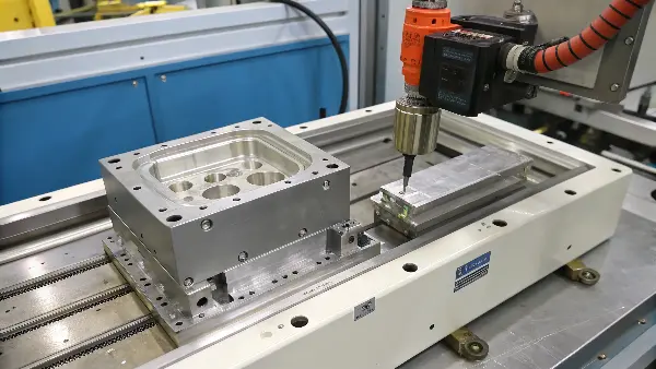 The B-side of a mold with the ejector pins extended to push out a finished part.