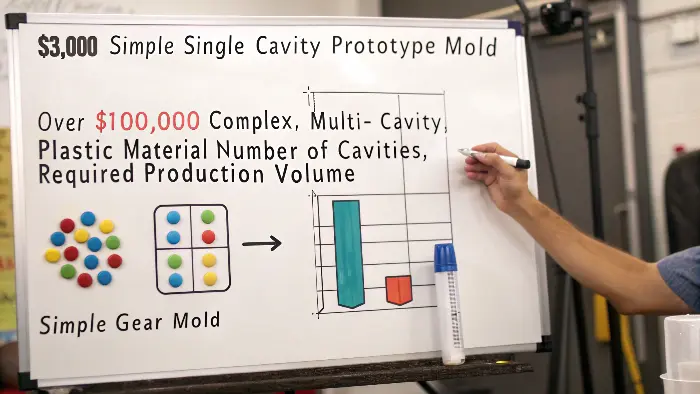A diagram showing different mold sizes and complexities with price tags