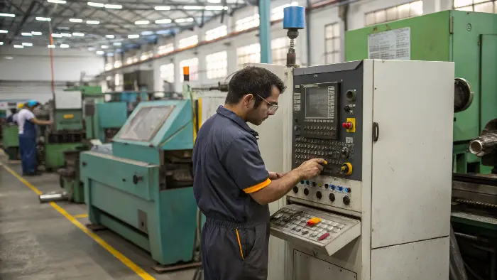 An injection molding technician intently inspects a newly produced plastic part.