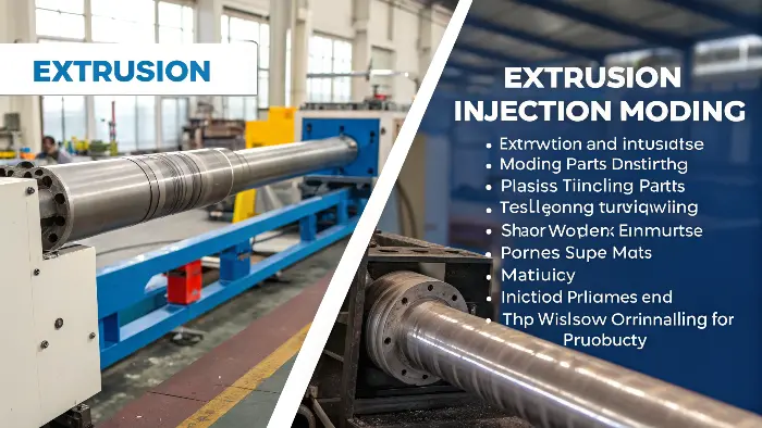 A long plastic pipe coming out of an extrusion machine, contrasted with a collection of small, complex injection molded gears.