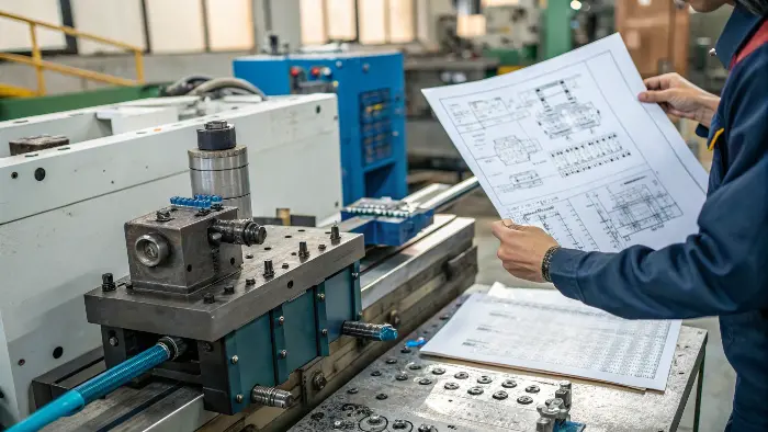 A technician carefully adjusting the control panel of an injection molding machine.