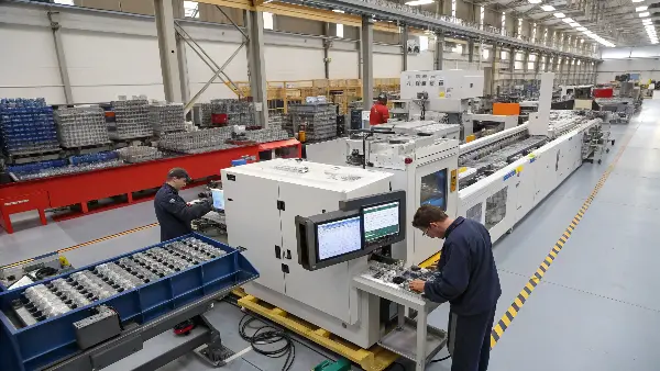 A technician making adjustments to an injection molding machine control panel