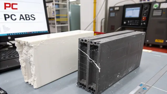 A side-by-side comparison showing a PC part with a crack versus a PC/ABS part that is dented but intact after an impact test.