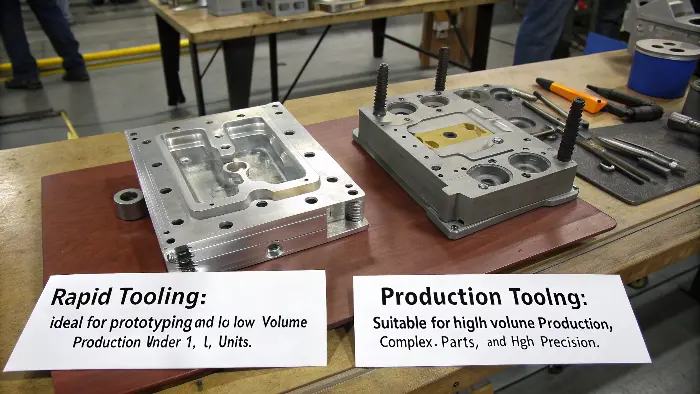 An aluminum mold half next to a steel mold half, showcasing the material difference.