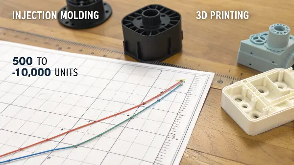 A graph showing the cost crossover point between 3D printing and injection molding