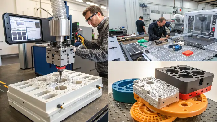 A collection of parts made from different manufacturing methods like 3D printing, CNC machining, and thermoforming.