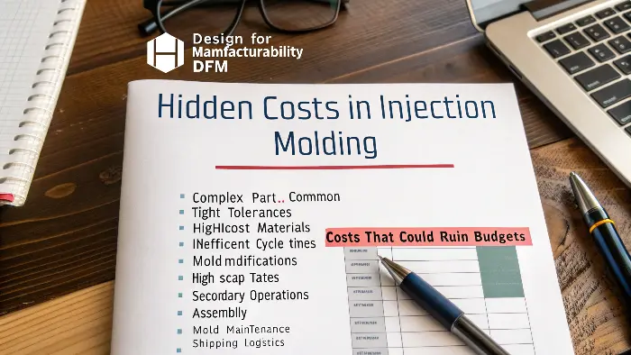 A calculator showing rising costs on a backdrop of injection molded parts
