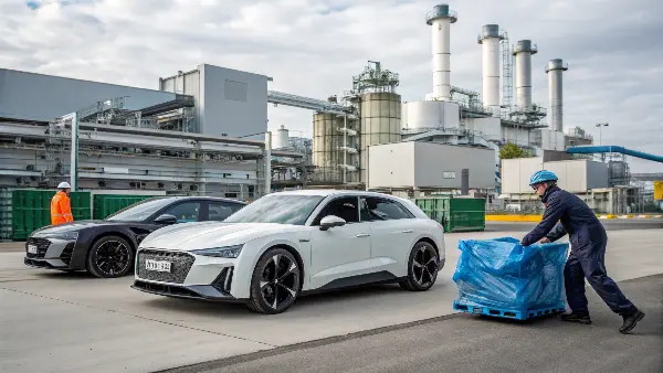 A futuristic concept car design highlighting sustainable materials and advanced composite body panels.