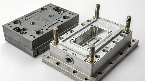 An exploded view of a plastic injection mold showing all its components.
