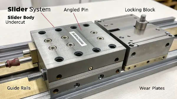 Exploded view of a slider mechanism highlighting the slider body, angled pin, and locking block.