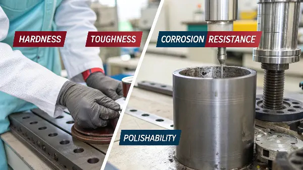 A diagram showing the relationship between hardness, toughness, and wear resistance in steel.