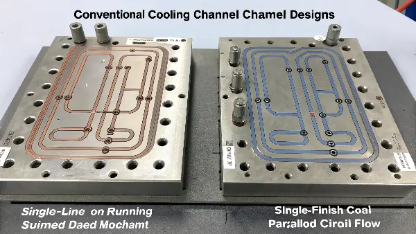 A diagram comparing a series cooling circuit with a parallel cooling circuit in a mold plate.