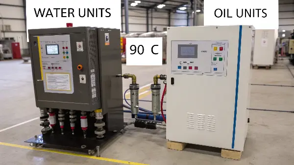 Side-by-side comparison of a water-based and an oil-based temperature control unit