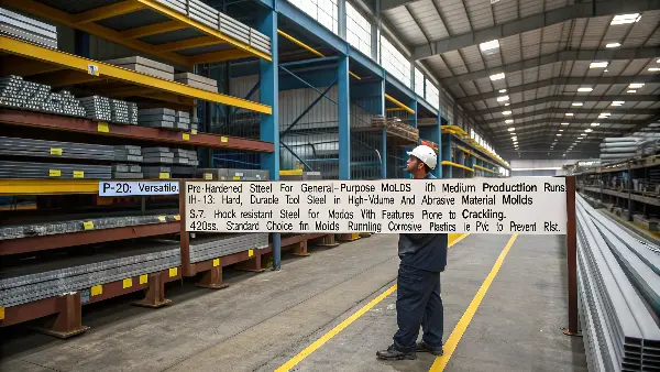 Four labeled blocks of steel: P-20, H-13, S-7, and 420SS.