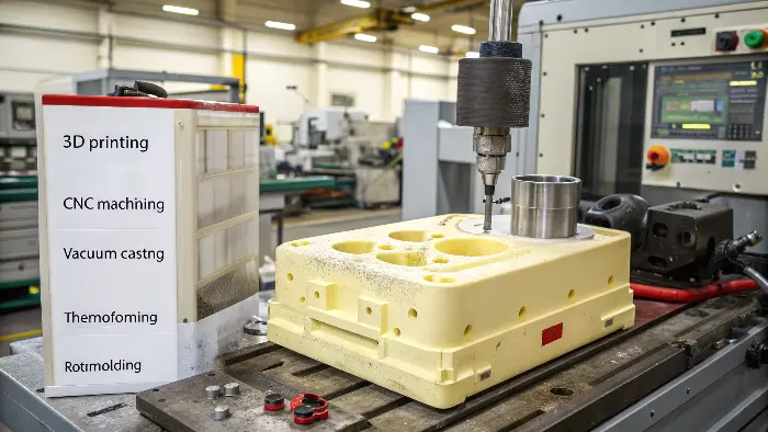 A workshop displaying equipment for CNC machining, 3D printing, and vacuum casting.