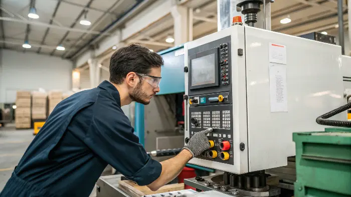 A technician operating an injection molding machine control panel