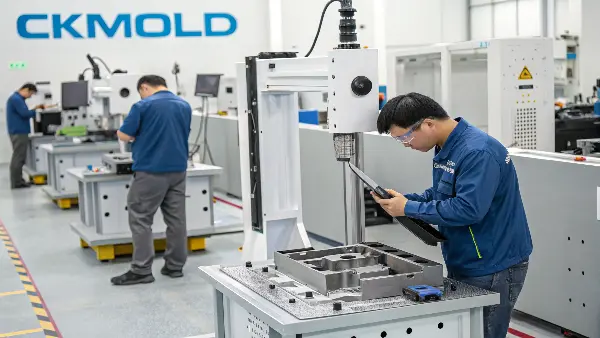 A quality control engineer meticulously inspecting a mold component with calipers.
