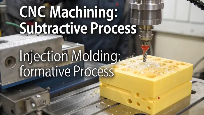 CNC machine carving a part vs. an injection molding machine