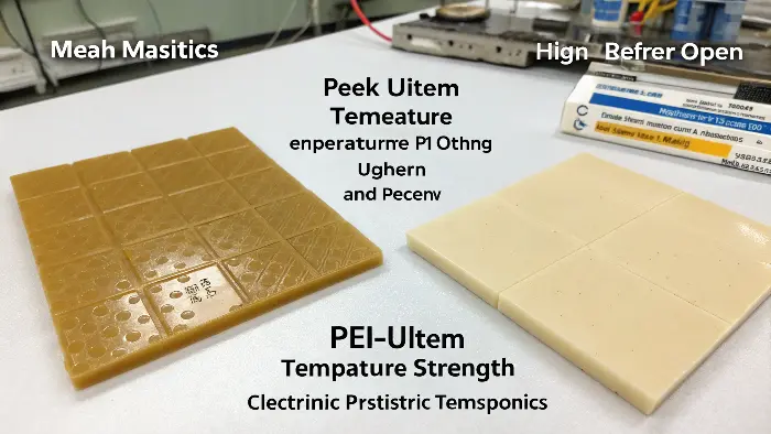 A comparison chart showing properties of PEEK, PEI, and PPS plastics