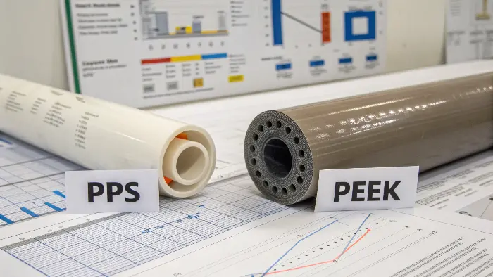 A side-by-side comparison of a PEEK gear and a PEI electrical connector