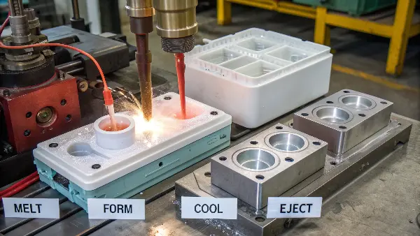 A simple flowchart showing the four stages: Melt, Form, Cool, Eject.