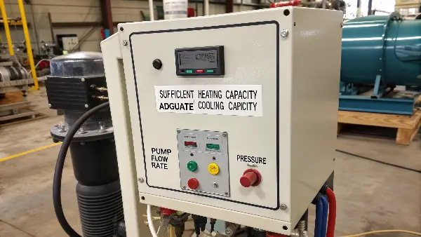 Control panel of a modern temperature control unit showing key features like pump pressure and temperature settings