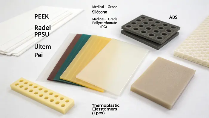 An array of medical devices made from different biocompatible plastics.