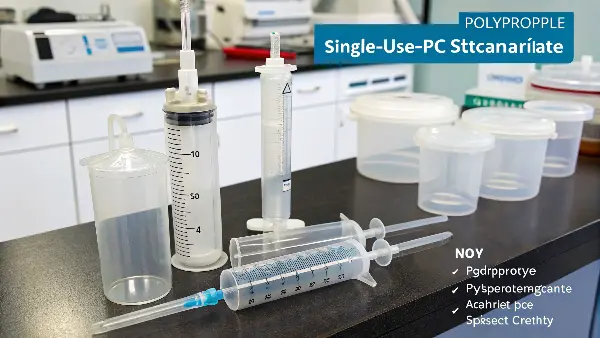 A display of common medical devices like syringes (PP) and IV connectors (PC).