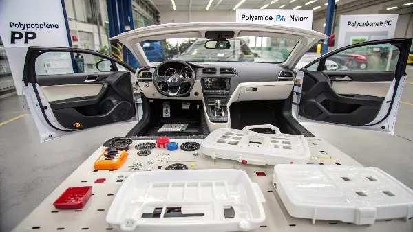 A variety of colorful plastic automotive parts arranged on a workshop table.