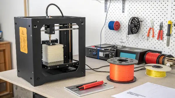A close-up of an FDM 3D printer in action, extruding plastic filament