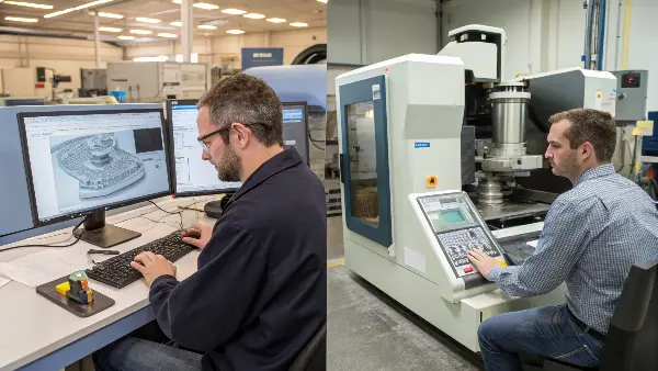 Split screen showing a CAD design on one side and a CAM toolpath simulation on the other