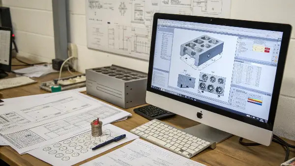 A computer screen showing a complex 3D injection mold design with CAD/CAM software interface