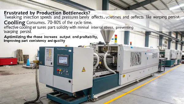 A pie chart showing the injection molding cycle, with the 'Cooling' phase taking up the largest portion.