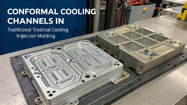 A cutaway view of a mold showing conformal cooling channels versus traditional straight channels.