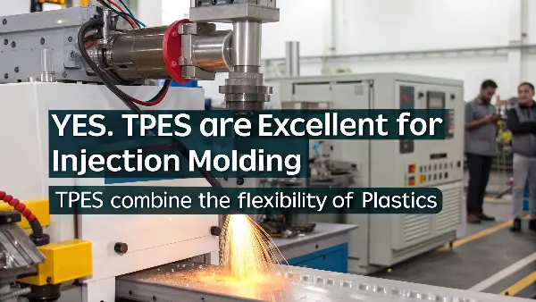 A close-up shot of TPE plastic pellets being fed into an injection molding machine hopper