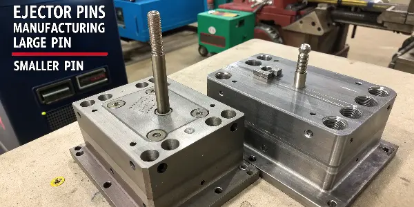 An assortment of different ejector pin sizes and shapes, like blades and stepped pins.