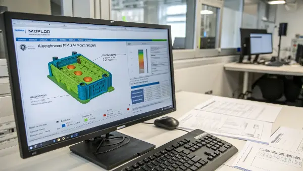 A computer screen showing a colorful mold flow analysis simulation.