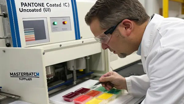 Pantone color swatches being compared to a plastic part