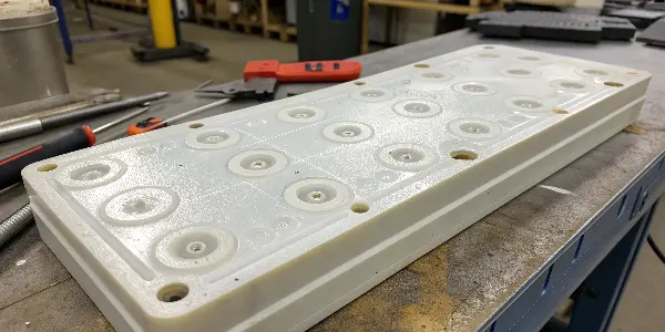 Two plastic parts, one clean and one with distinct circular ejector pin marks