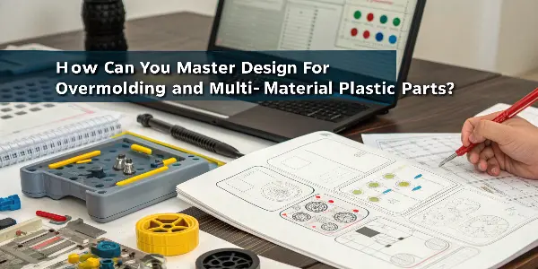 A collection of multi-material plastic parts showing different colors and textures.