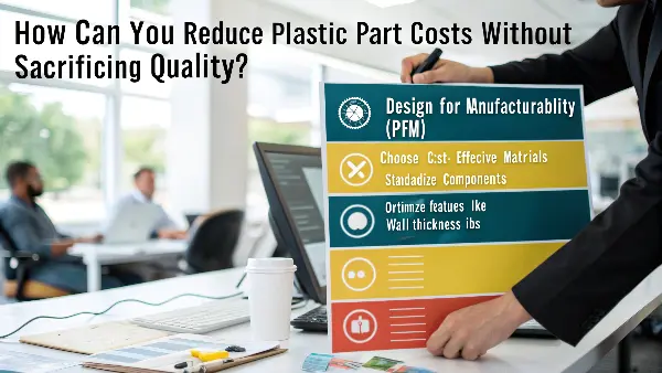 A blueprint of a plastic part with cost-saving callouts