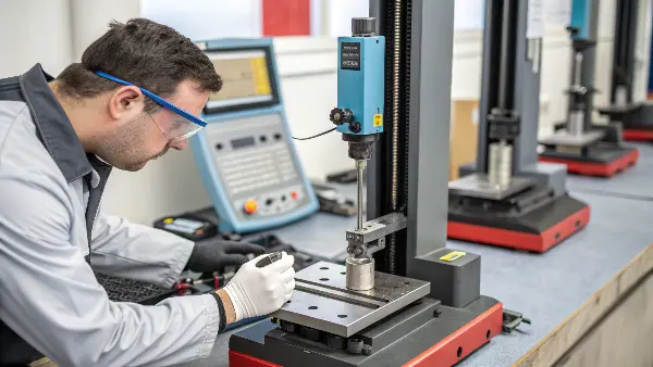 A plastic part undergoing tensile strength testing with a focus on a weld line.