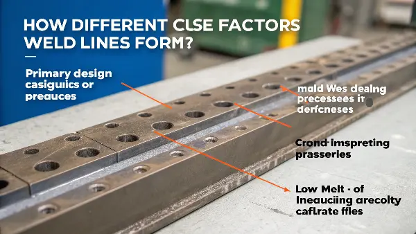 An infographic showing the three main causes of weld lines: Mold Design, Processing Parameters, and Material Choice.