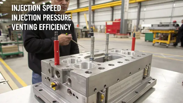 A diagram showing the flow of plastic into a mold, highlighting speed, pressure, and venting points.