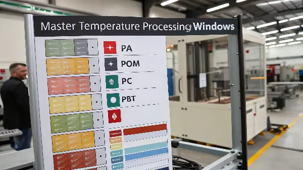 An injection molding machine's control panel showing temperature settings.