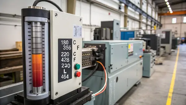 A cross-section of an injection molding barrel showing the feed, transition, and metering zones with temperature gradients.